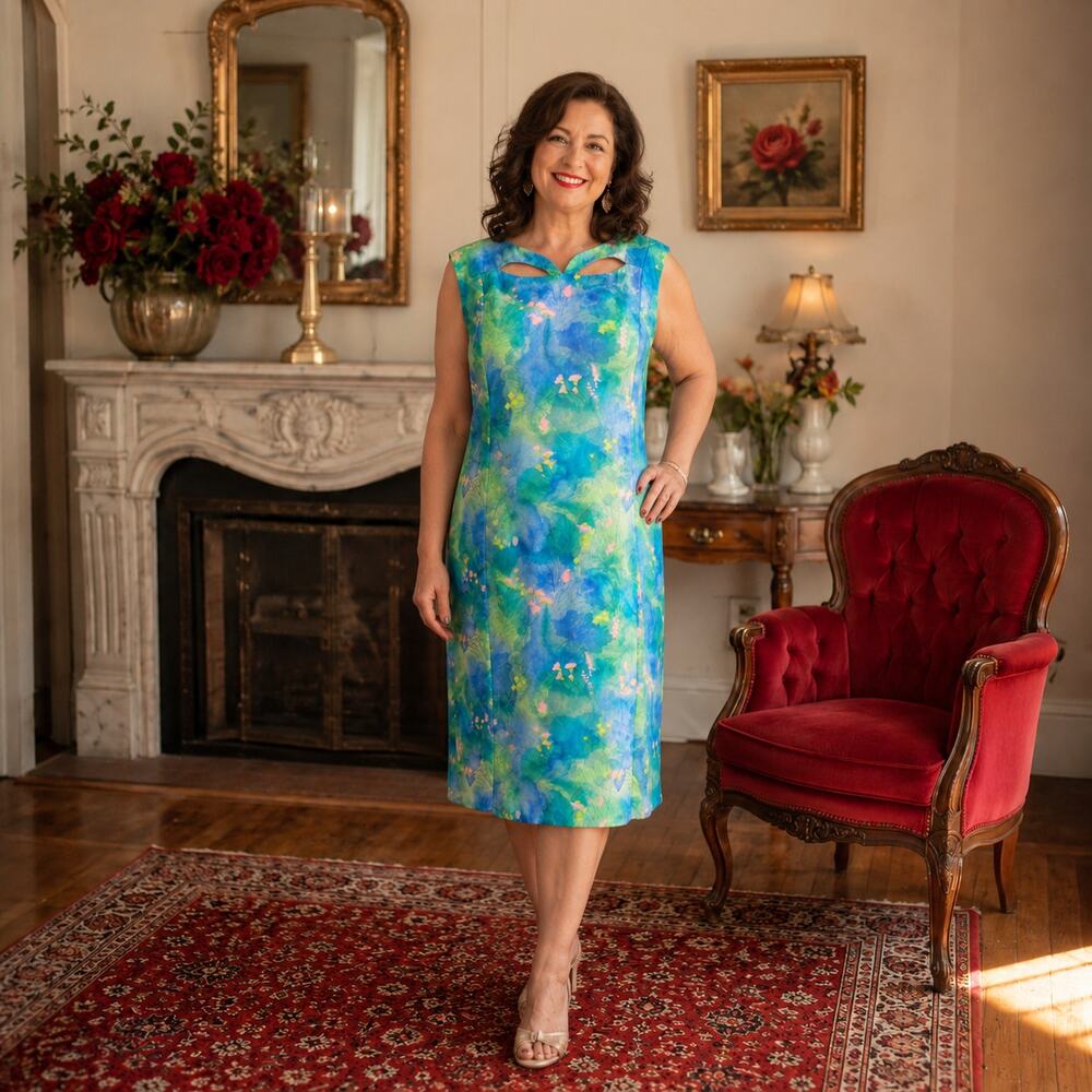 60s Peck & Peck Watercolor Floral Sheath Dress, Cutout Neckline Shift Dress - XL